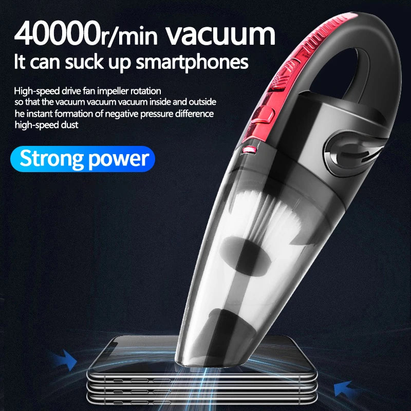 A close-up view of a handheld vacuum cleaner with a silver and black design positioned above a smartphone.