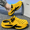 A yellow men's EVA slip-on sandal with a black platform sole is shown being worn on a foot.