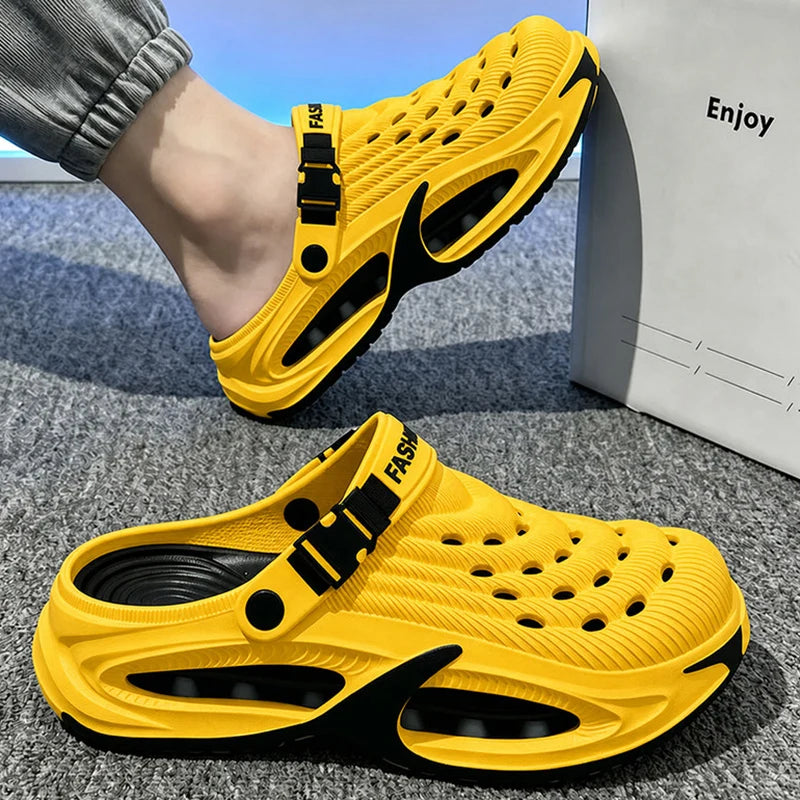A yellow men's EVA slip-on sandal with a black platform sole is shown being worn on a foot.