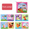 A set of soft fabric books featuring various farm animals like cows, goats, dogs, cats, rabbits, and a cock.