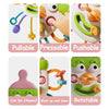 A set of silicone sensory toys including a pullable, pressable, pushable, chewable, and rotatable toy for babies.