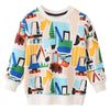 A colorful kids cotton whale print pullover sweatshirt featuring various vehicles and shapes.