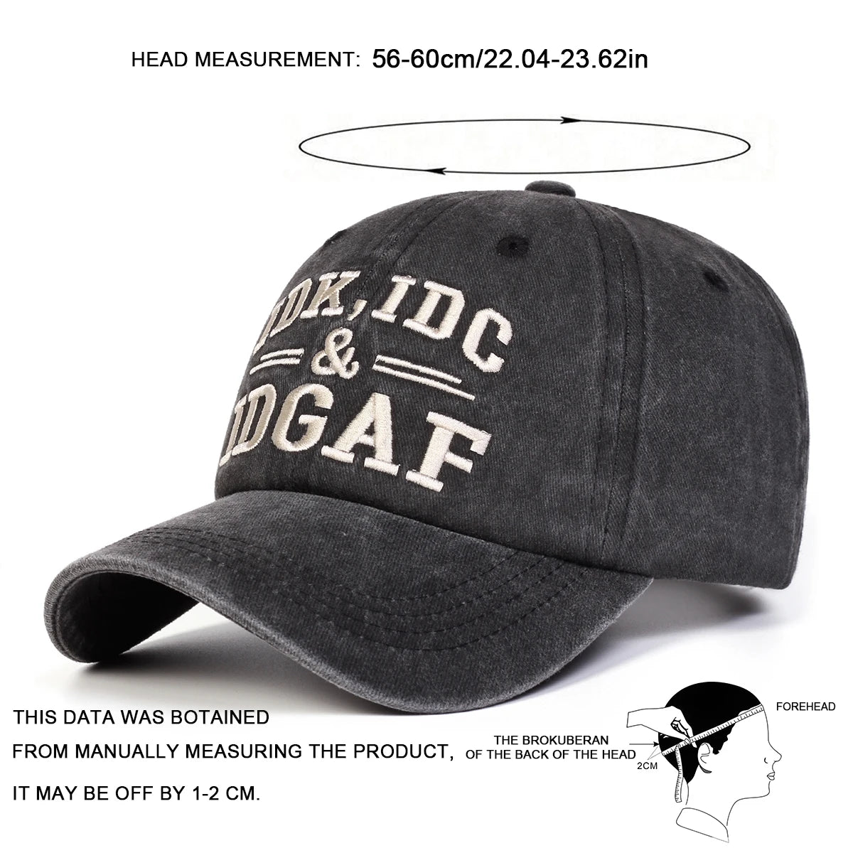 A dark gray letter-embroidered washed baseball cap shown from above.