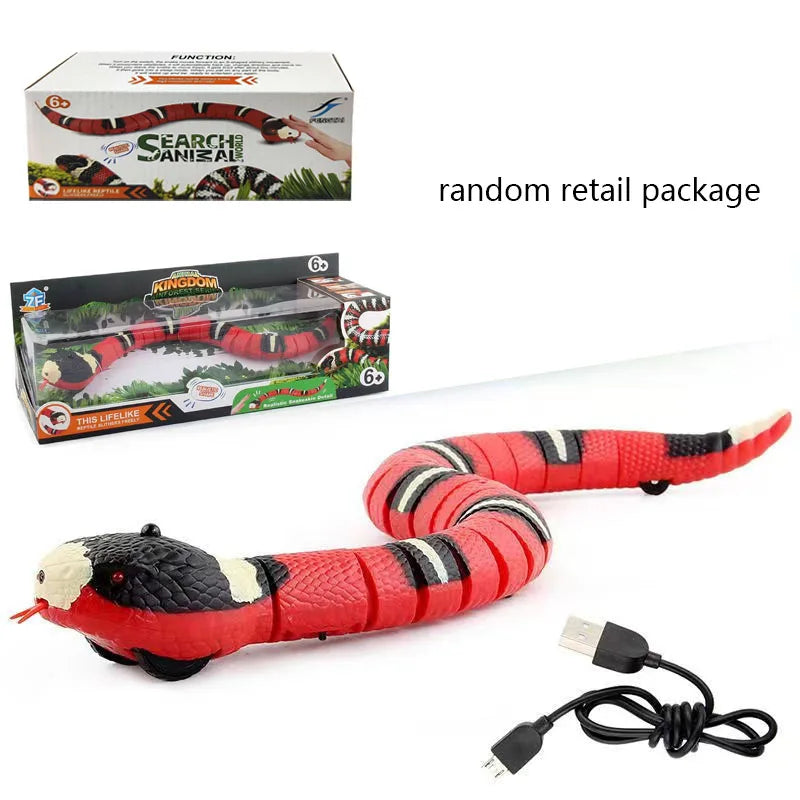 A red and black snake toy is coiled, with an attached electrical cord and plug.