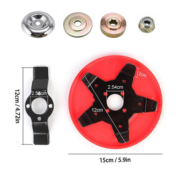 A set of steel weeder plates and interchangeable blades for string trimmers, including various sizes and a red plate.