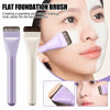 A flat foundation brush in purple and beige tones is shown applying makeup to a woman's face.