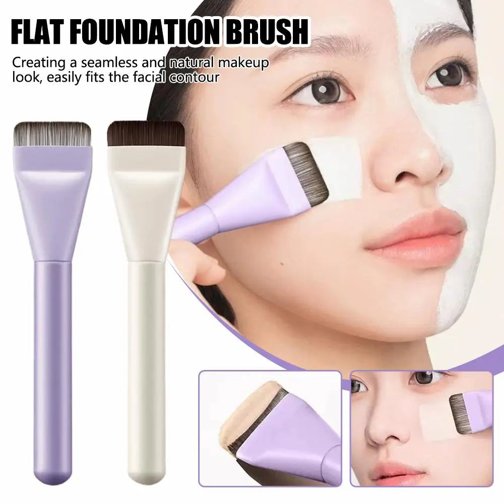 A flat foundation brush in purple and beige tones is shown applying makeup to a woman's face.