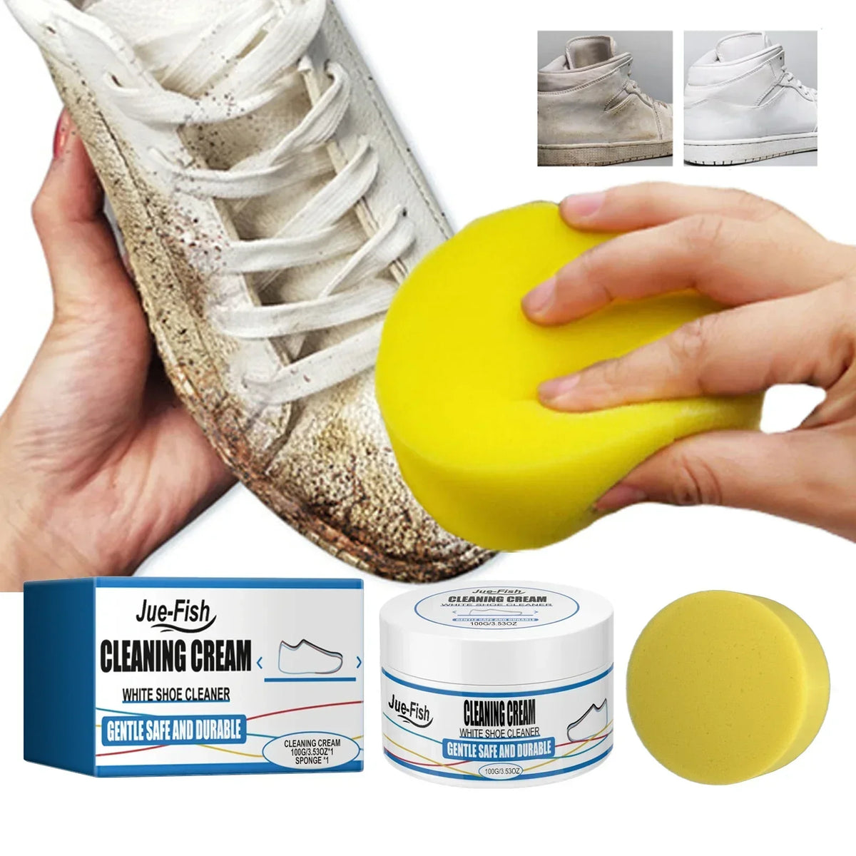 Hands hold a yellow shoe cleaning cream tube and a white sneaker, demonstrating the product for cleaning.