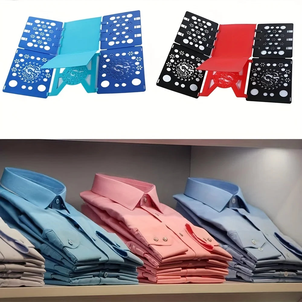 A set of colorful clothes folding boards and a stack of neatly folded light blue, pink, and gray shirts.