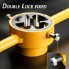 A close-up view of a yellow pipe thread die kit with a double lock fixed mechanism for fitting pipes.