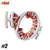 Rodillo de masaje muscular rosa con rodillos rojos texturizados para uso corporal completo.