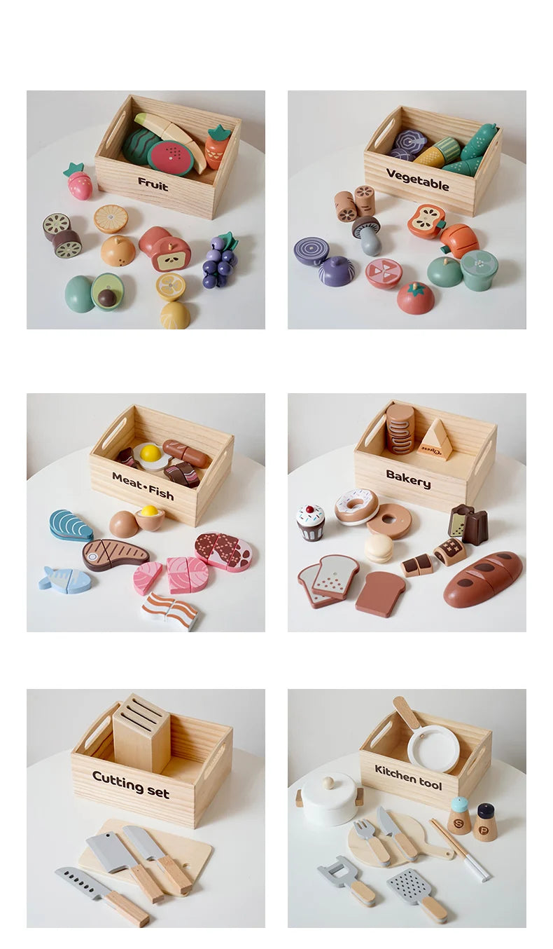 A wooden pretend play food cutting set with various shapes and colors of food items.