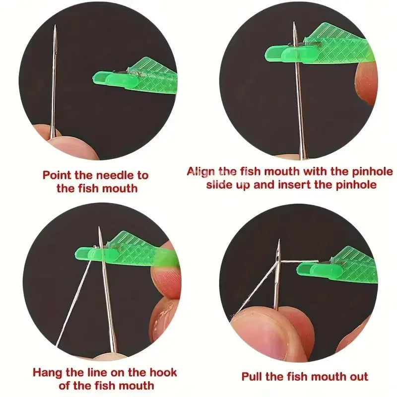 Instructions showing how to use an auto needle threader for sewing machines, including aligning the fish mouth and pulling ou