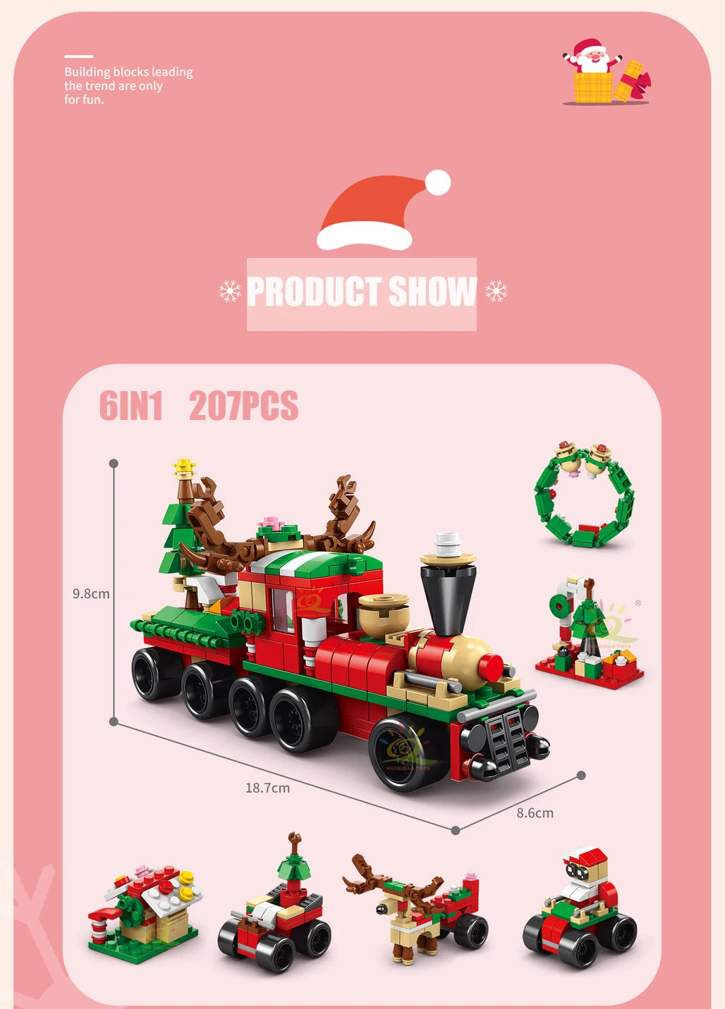 A 6-in-1 building block set featuring a red and green vehicle, a snow house, Santa, and deer figures.