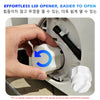 A hand is shown opening a washing machine filter drain tray with a blue circular arrow icon.