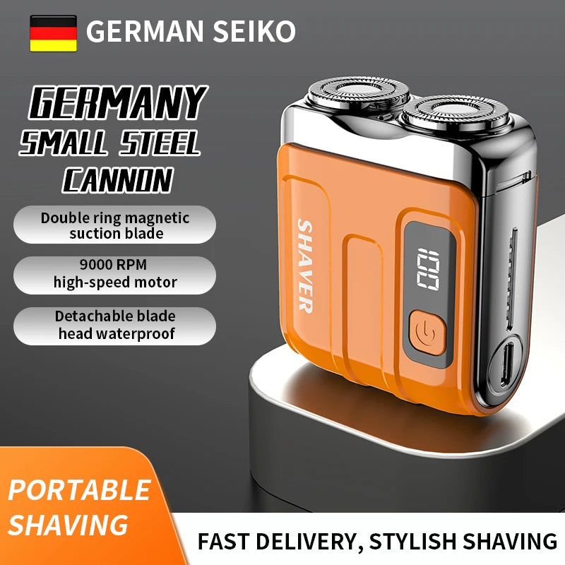 Dispositivo de afeitar portátil alemán Seiko naranja y plateado con pantalla digital sobre fondo oscuro.