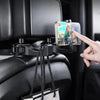 Una mano usa un gancho reposacabezas y soporte para teléfono negro para fijar un smartphone al asiento.