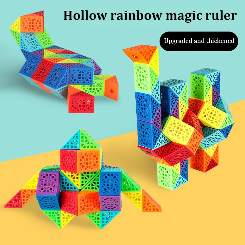 A colorful, upgraded and thickened hollow rainbow magic ruler made of interlocking geometric blocks.