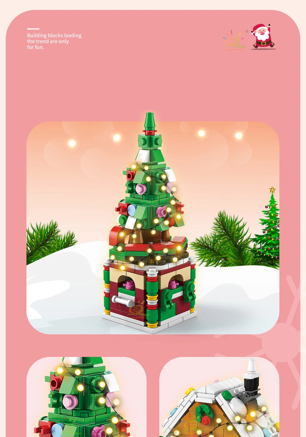 A green Christmas tree building block set with a snow house, Santa, and deer figures.
