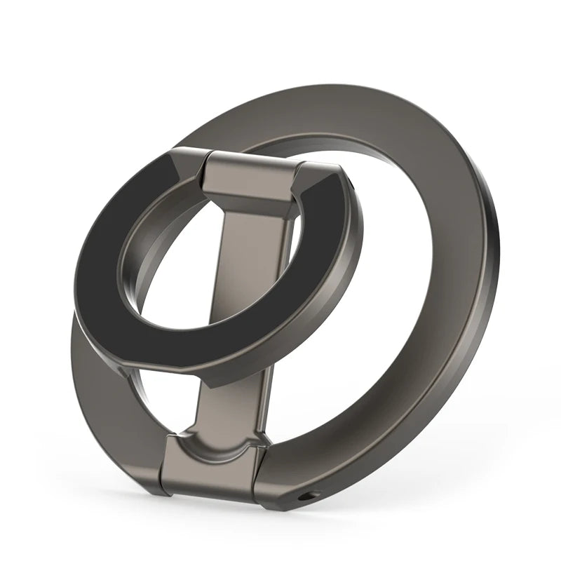Mørkegrå foldbar magnetisk telefonringstativ med en glatt, sirkulær utforming.