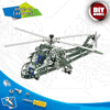 A detailed metal engineering vehicle building kit featuring a model helicopter or aircraft, along with tools and parts.