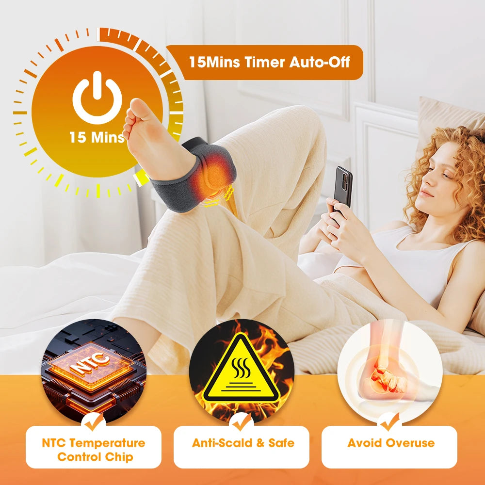 A woman is using a cordless heated vibration ankle massager while relaxing in bed.