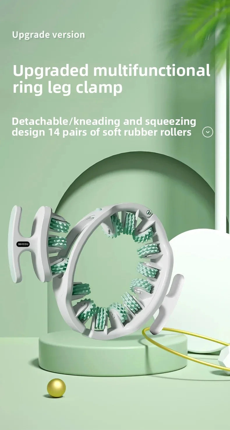 A white multifunctional ring leg clamp tool with green rubber rollers is shown on a light green surface.