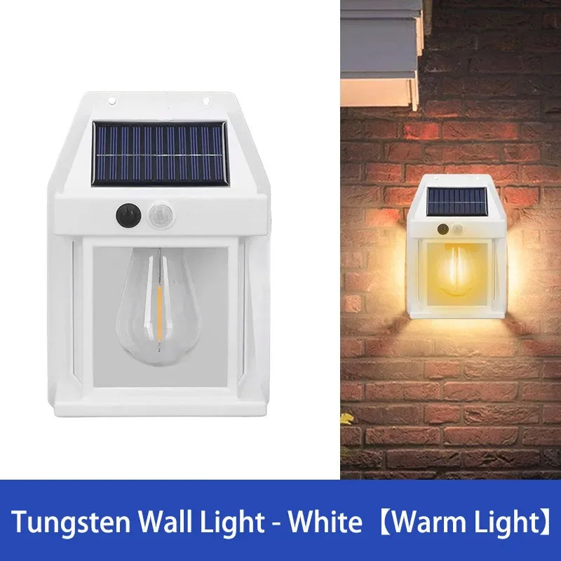 A white solar-powered wall light fixture with a glass bulb illuminating a brick wall.