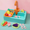A kids pretend play kitchen sink set featuring an orange faucet and various colorful plastic food items.