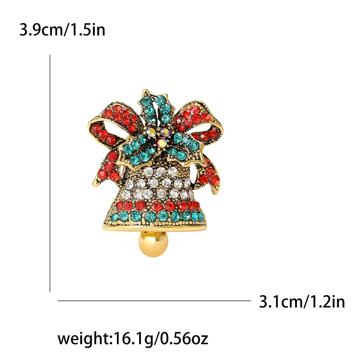 Broche navideño de campana esmaltada con pedrería dorada y piedras rojas y azules.