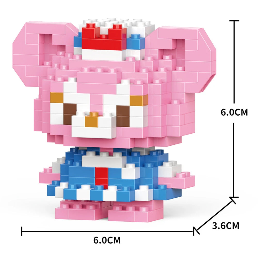 A pink and blue micro building block figurine of a cat or animal, showing its size dimensions.