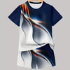 A navy blue t-shirt and matching shorts set featuring a white background with flowing orange and blue abstract designs.