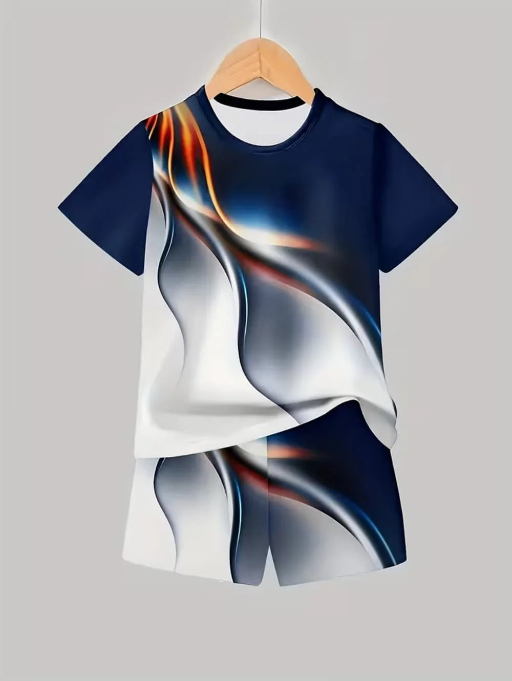 A navy blue t-shirt and matching shorts set featuring a white background with flowing orange and blue abstract designs.