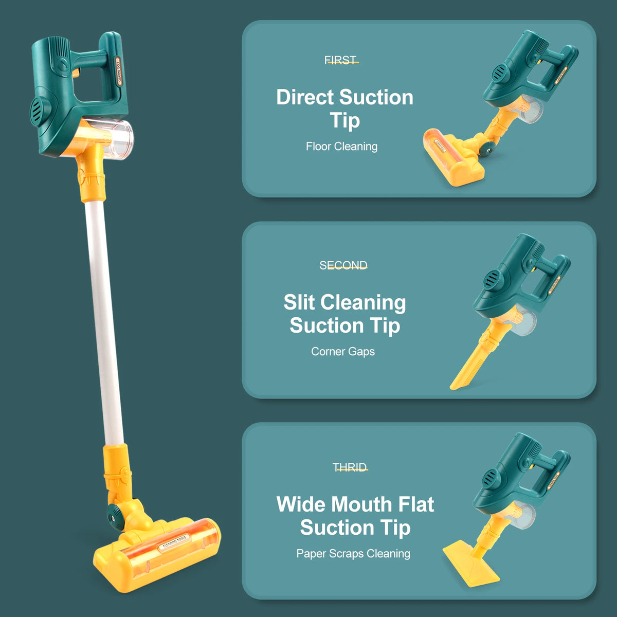 Three types of suction tips for a kids interactive toy vacuum cleaner: Direct Suction, Slit Cleaning, and Wide Mouth Flat tip