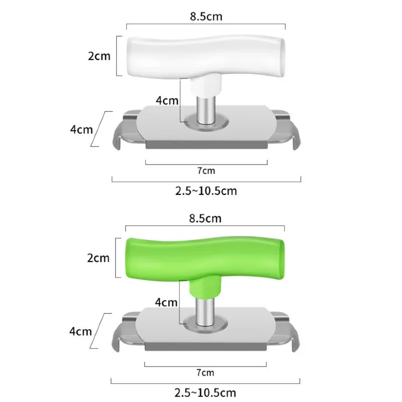 A manual stainless steel tool for opening jars and bottles, shown with dimensions.