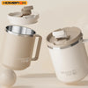 A beige double wall insulated stainless steel travel mug with a removable lid and handle shown in various angles.