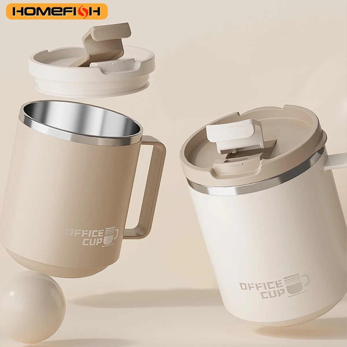 A beige double wall insulated stainless steel travel mug with a removable lid and handle shown in various angles.
