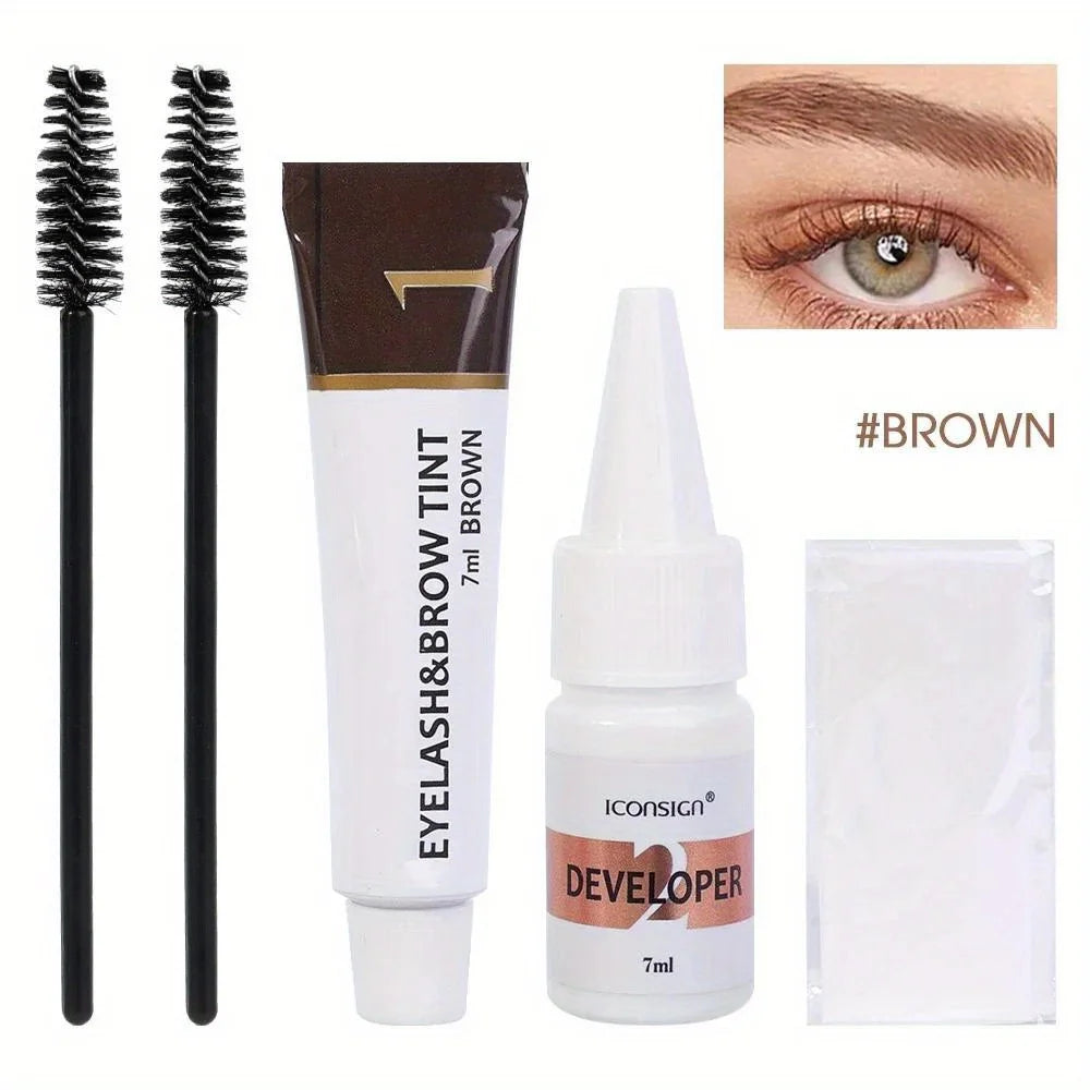 A kit containing an eyebrow and eyelash tint developer bottle, applicators, and a tint product.