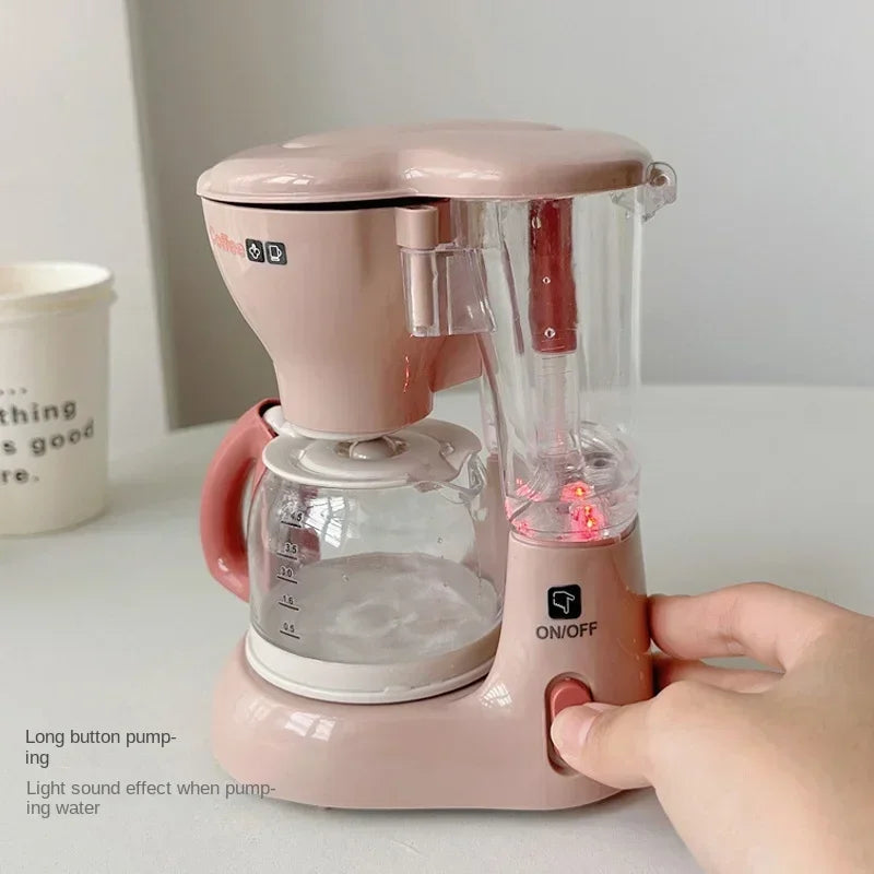 A pink pretend play kitchen set featuring a coffee maker, water dispenser, and toaster.