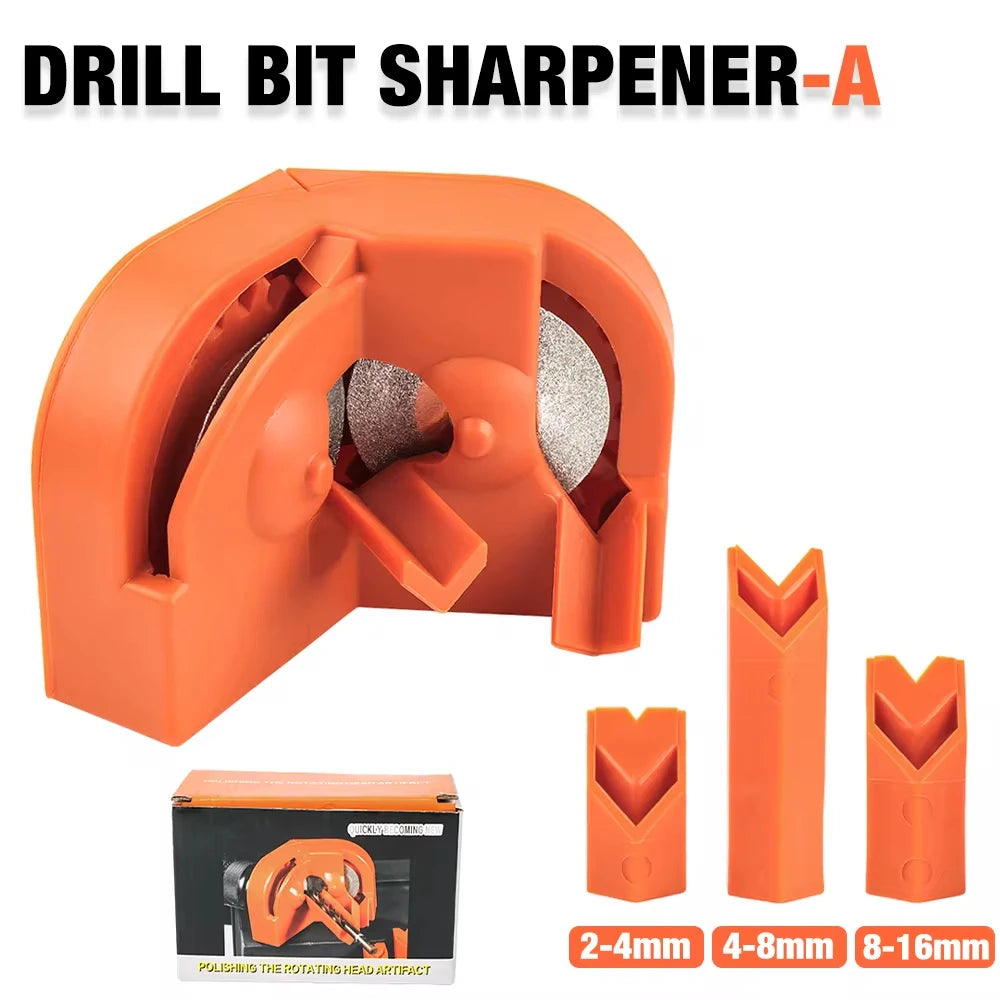 Orange drill bit sharpener tool with interchangeable diamond wheel inserts for electric drills