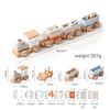 A wooden number train set featuring five numbered cars in various light wood and gray colors.