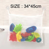 White mesh storage bag with suction cup hooks holding various colorful toys and accessories
