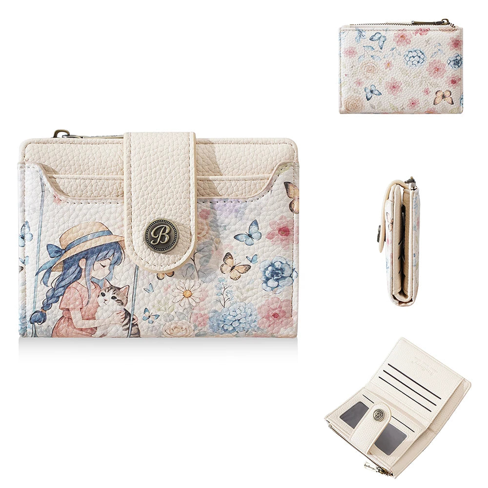 A light pink floral print women's wallet with a zipper closure and card slots, featuring a character illustration.