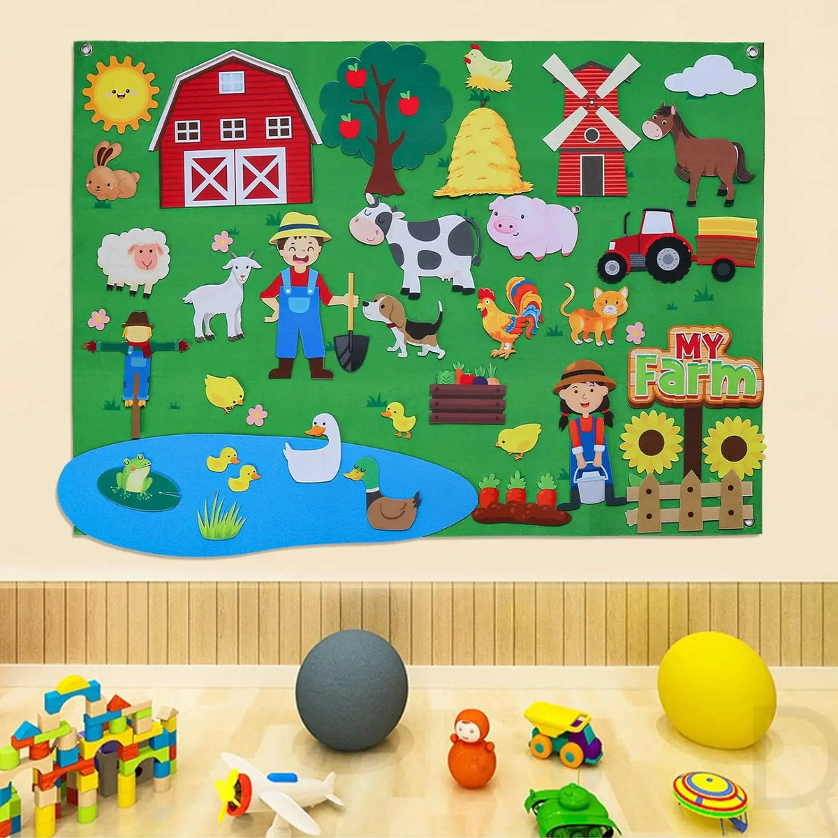 A colorful felt story board set featuring various zoo animals like a lion, elephant, and monkey.