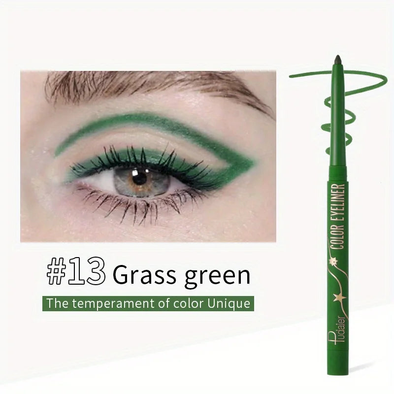 Delineador verde etiquetado #13 verde pasto junto a un look de ojos aplicado.