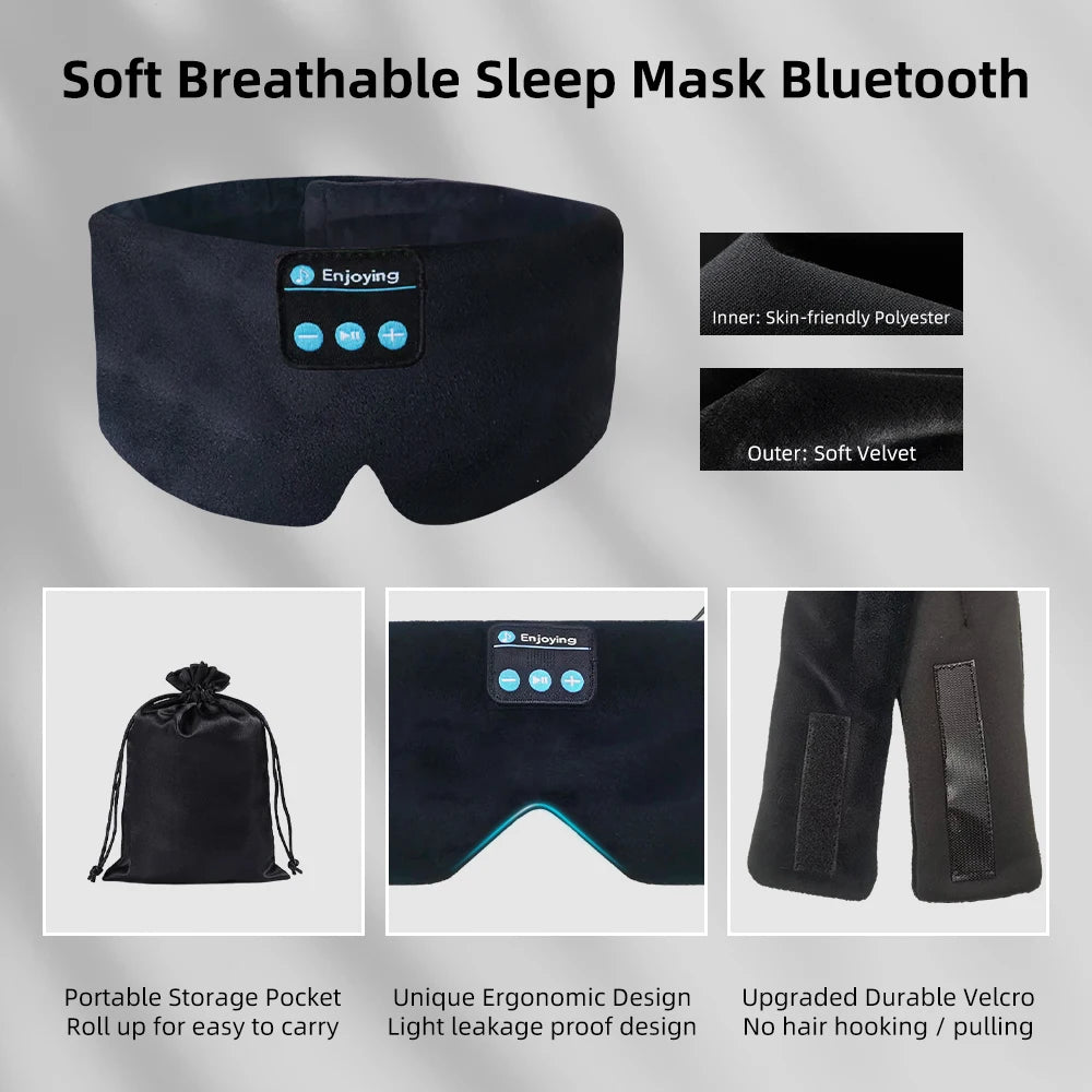 Svart myk pustende sovemaske med innerstoff av polyester og ytre velur, vist med oppbevaringsmuligheter.