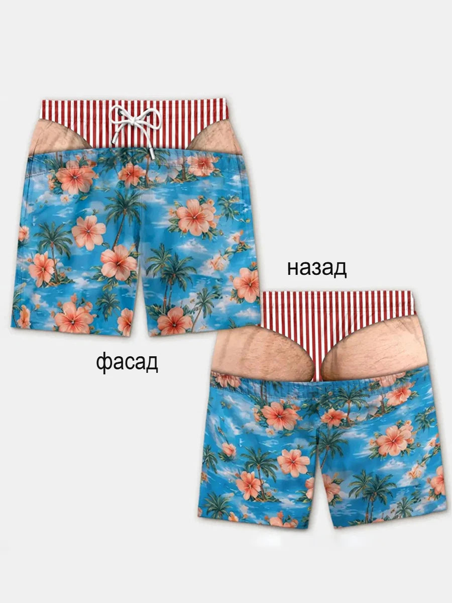Men's swim trunks featuring a patriotic American flag print with pink and orange flowers on a blue tropical background