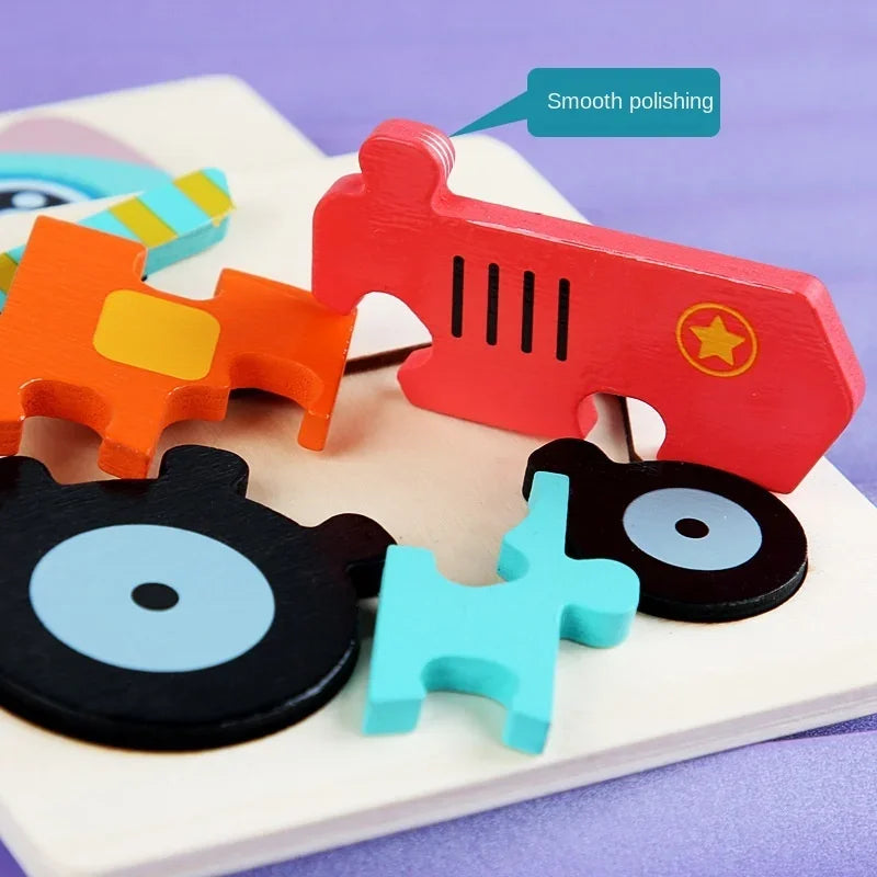 Red and orange wooden 3D animal jigsaw puzzle pieces on a white surface.