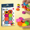 A set of colorful decompression toy blocks and fidget spinners being held by a hand.
