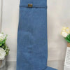 A full-length view of a navy blue knee-high boot with a chunky heel and a gold metal buckle.